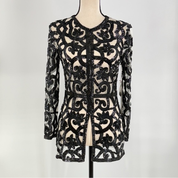 Naeem Khan Black Beaded Sequin Mesh Jacket Sheer Evening Blazer Size 4 - Picture 1 of 16